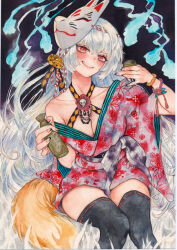 Rule 34 | 1girl, absurdly long hair, acrylic paint (medium), bell, black thighhighs, blush, bottle, bracelet, breasts, choko (cup), cleavage, collarbone, colored pencil (medium), cup, floral print, flower ornament, fox mask, fox tail, hair ornament, holding, holding cup, japanese clothes, jewelry, kimono, kitsune, large breasts, long hair, looking at viewer, mask, nail polish, original, painting (medium), red eyes, red kimono, sake bottle, sitting, skirt, smile, solo, tail, thighhighs, traditional media, very long hair, watercolor (medium), white hair, yotsuba0401, yukata