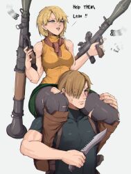 Rule 34 | 1boy, 1girl, ashley graham, blonde hair, brown hair, carrying, carrying person, dual wielding, highres, holding, holding knife, knife, leon s. kennedy, lifting person, pantyhose, resident evil, resident evil 4, rocket launcher, rpg (weapon), sleeveless, sleeveless turtleneck, torn clothes, torn pantyhose, turtleneck, weapon, yoracrab