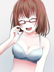 Rule 34 | 1girl, absurdres, artist request, bang dream!, bare shoulders, blush, bra, breasts, brown hair, cleavage, closed eyes, collarbone, glasses, highres, medium breasts, open mouth, red-framed eyewear, short hair, simple background, solo, tagme, underwear, white bra, yamato maya