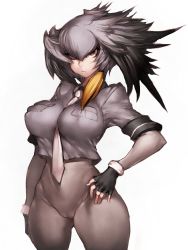Rule 34 | 10s, 1girl, between breasts, bodystocking, breasts, brown eyes, cameltoe, fingerless gloves, fumio (rsqkr), gloves, grey hair, hand on own hip, kemono friends, large breasts, long hair, looking at viewer, medium breasts, necktie, shoebill (kemono friends), simple background, solo, standing, thighs