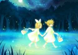 Rule 34 | 1boy, 1girl, barefoot, birdcage, blonde hair, blue eyes, brother and sister, bug, cage, child, dress, eulb, fireflies, firefly, forest, gemini (vocaloid), hair ornament, hair ribbon, hairband, hairclip, holding hands, highres, bug, kagamine len, kagamine rin, nature, night, open mouth, ponytail, ribbon, short hair, siblings, star (symbol), tree, twins, vocaloid, water