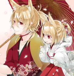 Rule 34 | 2boys, ahoge, animal ears, bad id, bad pixiv id, blonde hair, bow, brothers, cherry blossoms, flower, fox boy, fox ears, hair bow, holding, holding umbrella, japanese clothes, long hair, looking at another, male focus, multiple boys, nemui lazurite, oil-paper umbrella, open mouth, original, petals, ponytail, red eyes, siblings, smile, umbrella