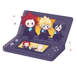 Rule 34 | 1girl, 2boys, axel (kingdom hearts), black coat, black coat (kingdom hearts), black footwear, black gloves, black hair, blonde hair, blue eyes, blush stickers, chibi, closed eyes, coat, commentary, facial mark, full body, gloves, green eyes, grin, hair slicked back, handheld game console, happy, haru sorara, highres, hood, hood down, kingdom hearts, kingdom hearts 358/2 days, knee up, long sleeves, multiple boys, nintendo ds, open mouth, red hair, roxas, short hair, signature, simple background, sitting, smile, sparkle, spiked hair, white background, xion (kingdom hearts)