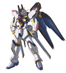 Rule 34 | clenched hands, commentary, full body, gundam, gundam seed, gundam seed destiny, highres, looking down, mecha, mecha focus, mechanical wings, mobile suit, no humans, orange eyes, revision, robot, science fiction, simple background, solo, standing, strike freedom gundam, takahashi masaki, v-fin, white background, wings, yellow eyes