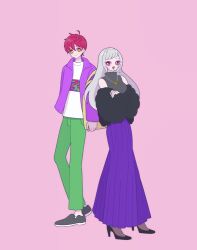 Rule 34 | 1boy, 1girl, :d, amou june, black footwear, brown eyes, closed mouth, full body, green pants, high heels, highres, ikebukuro ace, jacket, jewelry, king of prism, long hair, long skirt, long sleeves, looking at viewer, necklace, nyaasechan, open mouth, pants, pink background, pleated skirt, pretty rhythm, pretty series, purple jacket, purple skirt, red hair, shirt, shoes, short hair, simple background, skirt, smile, standing, white shirt