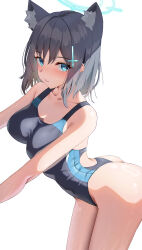 Rule 34 | 1girl, absurdres, animal ear fluff, animal ears, ass, bare arms, bare shoulders, blue archive, blue eyes, blush, breasts, collarbone, competition swimsuit, cowboy shot, cross hair ornament, grey hair, hair ornament, halo, highleg, highleg swimsuit, highres, katagirinanoka, leaning forward, looking at viewer, medium breasts, official alternate costume, one-piece swimsuit, shiroko (blue archive), shiroko (swimsuit) (blue archive), simple background, solo, swimsuit, thong, two-tone swimsuit, white background