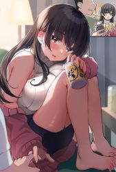Rule 34 | 1boy, 1girl, alcohol, bare shoulders, barefoot, black hair, black skirt, breast press, breasts, brown eyes, can, drunk, faceless, faceless male, full body, highres, holding, holding can, large breasts, long hair, mole, mole under mouth, monoto, original, pencil skirt, skirt, sleeveless, sleeveless turtleneck, solo focus, straight hair, turtleneck