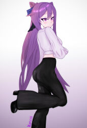Rule 34 | 1girl, absurdres, ass, back, bell-bottoms, cone hair bun, double bun, from behind, full body, hair bun, hair ears, highres, keqing (genshin impact), kotash, long hair, looking back, no mouth, non-web source, pants, purple eyes, purple hair, self-upload, shirt, simple background, solo, twintails, white background, white shirt