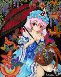 Rule 34 | 1girl, blue hat, breasts, bug, butterfly, chirori, cleavage, female focus, flower, ghost, hat, insect, japanese clothes, marker (medium), nature, oil-paper umbrella, outdoors, pink hair, plant, red eyes, saigyouji yuyuko, sitting, solo, touhou, traditional media, triangular headpiece, umbrella