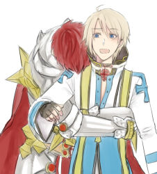 Rule 34 | 2boys, arch bishop (ragnarok online), armor, black gloves, blonde hair, blue coat, blush, cape, choker, coat, commentary request, fingerless gloves, gauntlets, gloves, hair between eyes, hug, hug from behind, looking to the side, male focus, misuguu, multicolored coat, multiple boys, open mouth, pauldrons, ragnarok online, red cape, red hair, rune knight (ragnarok online), shoulder armor, simple background, sitting, spiked pauldrons, two-tone coat, upper body, white background, white coat, yaoi