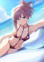 Rule 34 | 1girl, absurdres, american flag bikini, bikini, blue sky, breasts, clenched teeth, cloud, collarbone, day, earrings, eyes visible through hair, fate/grand order, fate (series), flag print, green eyes, highres, hoop earrings, jewelry, looking at viewer, medium breasts, miyamoto musashi (fate), miyamoto musashi (fate/grand order), miyamoto musashi (swimsuit berserker) (fate), miyamoto musashi (swimsuit berserker) (second ascension) (fate), ocean, outdoors, pillow, pink hair, ponytail, revision, short hair, sky, smile, solo, swimsuit, teeth, ym (pixiv2132273)