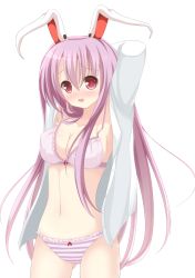 Rule 34 | 1girl, animal ears, aoba senkiri, arms behind head, arms up, bad id, bad pixiv id, blush, bra, breasts, chimunge, cleavage, dress shirt, female focus, lingerie, long hair, midriff, navel, no pants, open clothes, open mouth, open shirt, panties, pink bra, pink eyes, pink hair, pink panties, rabbit ears, reisen udongein inaba, shirt, solo, striped clothes, striped panties, touhou, underwear