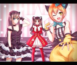 Rule 34 | 10s, 3girls, animal ears, bad id, bad pixiv id, black dress, black gloves, black gothic dress (idolmaster), black hair, blush, cat ears, checkered floor, choker, commentary, crossed arms, crossover, dress, elbow gloves, fate/hollow ataraxia, fate/stay night, fate (series), fingerless gloves, frills, gloves, green eyes, hand in own hair, hoshizora rin, idolmaster, idolmaster cinderella girls, kaleido ruby, letterboxed, long hair, looking at viewer, love live!, love live! school idol festival, love live! school idol project, meaomao, multiple girls, name connection, one eye closed, orange hair, outstretched hand, paw pose, puffy shorts, red dress, red gloves, red legwear, ribbon choker, shibuya rin, shorts, smile, star (symbol), striped, striped background, thighhighs, tohsaka rin, toosaka rin, two side up, vertical stripes, yellow eyes