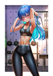 Rule 34 | 1girl, absurdres, armpits, arms up, blue hair, blush, bottle, breasts, breath, earrings, exercise machine, flat chest, green ribbon, grey eyes, gym, hair ornament, hair ribbon, highres, hololive, hoshimachi suisei, indoors, jagoo, jewelry, looking at viewer, multicolored hair, pants, plant, ribbon, small breasts, sports bra, sportswear, star (symbol), star hair ornament, stomach, sweat, two-tone hair, virtual youtuber, water bottle, weights