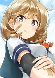 Rule 34 | 10s, 1girl, ahoge, bandaid, bandaid on arm, bandaid on face, blush, breasts, brown eyes, brown hair, cloud, cloudy sky, crab, day, elbow pads, elbow sleeve, highres, kamelie, kantai collection, looking at viewer, medium breasts, oboro (kancolle), pink eyes, school uniform, short hair, sky, smile, solo