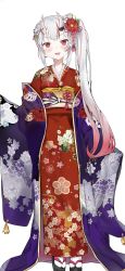 Rule 34 | 1girl, blush, earrings, fang, floral print, flower, furisode, geta, gradient hair, hair flower, hair ornament, haori, highres, hololive, horn ornament, horn ribbon, horns, japanese clothes, jewelry, kimono, long hair, long sleeves, looking at viewer, multicolored hair, nakiri ayame, nakiri ayame (new year), nana kagura, new year, obi, official alternate costume, oni, open mouth, pink hair, red eyes, red flower, red hair, red kimono, ribbon, sash, silver hair, skin-covered horns, smile, solo, streaked hair, tabi, very long hair, virtual youtuber, wide sleeves