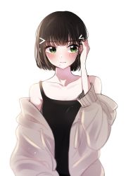 Rule 34 | 1girl, adjusting hair, alternate hair length, alternate hairstyle, bad id, bad twitter id, bare shoulders, black hair, black tank top, blurry, blush, breasts, brown sweater, cleavage, closed mouth, collarbone, green eyes, hair ornament, hairclip, hand up, highres, indem91, kurosawa dia, light particles, looking away, love live!, love live! sunshine!!, medium breasts, mole, mole under mouth, off shoulder, short hair, simple background, solo, sweater, tank top, upper body, white background