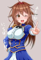 Rule 34 | 1girl, blue dress, breasts, brown eyes, brown hair, commentary request, cosplay, daiwa scarlet (umamusume), daiwa scarlet (umamusume) (cosplay), dress, frilled shirt, frills, grey background, hair flaps, hairband, index finger raised, kantai collection, medium breasts, one eye closed, open mouth, red hairband, round teeth, shiratsuyu (kancolle), shiratsuyu kai ni (kancolle), shirt, simple background, solo, teeth, trait connection, umamusume, upper teeth only, yokoshima (euphoria)