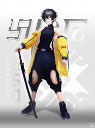 Rule 34 | 1boy, bad id, bad pixiv id, bare shoulders, belt, black hair, collarbone, covered collarbone, gradient background, hair between eyes, highres, holding, holding sword, holding weapon, jacket, katana, male focus, off-shoulder jacket, off shoulder, open clothes, open jacket, original, pointy ears, sheath, sheathed, smile, solo, standing, sword, tachi-e, teeth, turtleneck, weapon, xio xio, yellow eyes, yellow jacket