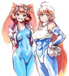 Rule 34 | 2girls, ahoge, animal ears, blue bodysuit, blue eyes, bodysuit, breasts, brown hair, rabbit ears, chikuwa (tks), company connection, cropped jacket, crossover, galaxy fight, gloves, goggles, goggles on head, hand on own hip, large breasts, long hair, makihara arina, multiple girls, roomi, short hair, smile, sunsoft, waku waku 7, white background