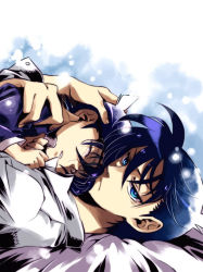 Rule 34 | 2boys, artist request, bed sheet, black hair, blue eyes, child, closed eyes, dual persona, edogawa conan, formal, glasses, gradient background, holding, hug, kuroba kaito, looking at viewer, lying, male focus, meitantei conan, multiple boys, on back, suit, tears, white background, white suit
