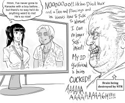 Rule 34 | 1girl, 2boys, bb (baalbuddy), blunt bangs, breasts, cleavage, clenched teeth, collared shirt, commentary, crying, crying with eyes open, earrings, english commentary, english text, faceless, faceless male, greyscale, grin, gyaruo, hawaiian shirt, highres, jewelry, large breasts, long hair, monitor, monochrome, multiple boys, necklace, necktie, netorare, original, otaku, parody, ponytail, school uniform, shirt, simple background, smile, tan, tears, teeth, white background, wide-eyed, wing collar