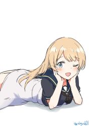 Rule 34 | 1girl, absurdres, black jacket, black neckerchief, blonde hair, blue eyes, blue sailor collar, dress, highres, jacket, jervis (kancolle), kantai collection, long hair, looking at viewer, lying, neckerchief, on stomach, one eye closed, robinson (day l full), sailor collar, sailor dress, short sleeves, simple background, smile, solo, white background, white dress
