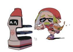 Rule 34 | 1girl, ^ ^, bowl, closed eyes, commentary request, food, highres, holding, holding bowl, ikemeru, inkling, inkling girl, inkling player character, nintendo, non-humanoid robot, noodles, open mouth, orange headwear, purple footwear, ramen, reaching, robot, running, shoes, simple background, sobbing, solo, splatoon (series), splatoon 3, white background