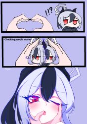 Rule 34 | !, 1girl, 1other, ?, black hair, black hoodie, blue archive, blush, grey hair, halo, highres, hood, hoodie, kayoko (blue archive), multicolored hair, one eye closed, ponytail, snoot challenge, tongue, tongue out, two-tone hair, upper body