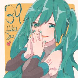 Rule 34 | 1girl, 39, :d, aqua eyes, aqua hair, bare shoulders, black footwear, black skirt, black sleeves, black thighhighs, blue eyes, blue hair, blue necktie, blush, boots, collared shirt, detached sleeves, eighth note, female focus, floating hair, hair ornament, hatsune miku, long hair, long sleeves, looking at viewer, moto, musical note, necktie, one eye closed, open mouth, pleated skirt, ribbon, shirt, skirt, sleeveless, sleeveless shirt, smile, solo, thigh boots, thighhighs, tie clip, twintails, very long hair, vocaloid, white shirt, wide sleeves
