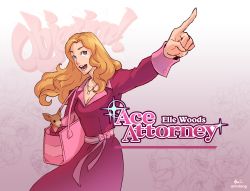 Rule 34 | 1girl, absurdres, ace attorney, anh dang, bag, blue eyes, bow, bruiser woods, character name, chihuahua, copyright name, dog, dress, elle woods, handbag, highres, legally blonde, logo parody, long hair, objection, open mouth, parody, pink bow, pointing, red dress, smile, solo, trait connection
