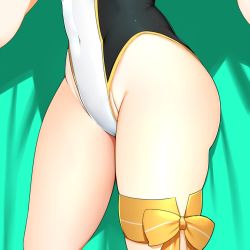 Rule 34 | 1girl, artoria pendragon (fate), artoria pendragon (swimsuit archer) (fate), artoria pendragon (swimsuit archer) (third ascension) (fate), ass, bebebe (pepegakii), bow, cameltoe, commentary request, competition swimsuit, covered navel, fate/grand order, fate (series), groin, highleg, highleg swimsuit, highres, one-piece swimsuit, orange bow, out of frame, solo, swimsuit, thighs, two-tone swimsuit, white one-piece swimsuit