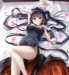 Rule 34 | 1girl, bare shoulders, black dress, blue eyes, blunt bangs, blush, breasts, china dress, chinese clothes, cleavage, detached sleeves, dress, fate/grand order, fate (series), female focus, flower, hair ornament, highres, indoors, large breasts, legs, long hair, looking at viewer, lying, plant, purple hair, sidelocks, solo, thighs, twintails, very long hair, wata0933, yang guifei (fate), yang guifei (second ascension) (fate)