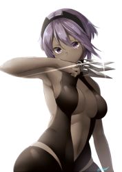 Rule 34 | 1girl, armpits, bare arms, bare shoulders, between fingers, black gloves, black hairband, breasts, dark-skinned female, dark skin, eiri (eirri), fate/prototype, fate/prototype: fragments of blue and silver, fate (series), fingerless gloves, gloves, hairband, hassan of serenity (fate), holding, holding knife, knife, knives between fingers, looking at viewer, medium breasts, navel, purple eyes, purple hair, short hair, solo, upper body