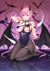 Rule 34 | 1girl, arm strap, arm up, armpits, azur lane, bare shoulders, bat (animal), between breasts, black leotard, black pantyhose, blurry, breasts, buttons, candy, cleavage, collar, convenient censoring, demon girl, demon horns, demon wings, depth of field, fang, food, green eyes, groin, highleg, highleg leotard, highres, horns, large breasts, leotard, lollipop, long hair, looking at viewer, low wings, memphis (azur lane), memphis (mystical night) (azur lane), mouth hold, pantyhose, pink hair, seiza, silveroid, sitting, skindentation, solo, thigh strap, very long hair, wings