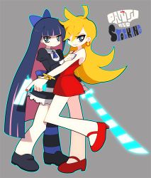 Rule 34 | 10s, 2girls, back lace, bad id, bad pixiv id, black hair, blonde hair, blue eyes, bow, dadami, dress, earrings, gun, hair bow, jewelry, multiple girls, one eye closed, panty &amp; stocking with garterbelt, panty (psg), pantyhose, red dress, shoes, short dress, siblings, single thighhigh, sisters, smile, stocking (psg), striped clothes, striped legwear, striped pantyhose, stripes i &amp; ii, sword, thighhighs, weapon, wink