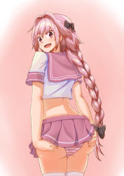 Rule 34 | 1boy, absurdres, artist request, ass, ass grab, astolfo (fate), bow, braid, come hither, crossdressing, deep skin, fang, fate/grand order, fate (series), from behind, hair bow, highres, huge ass, long hair, looking at viewer, looking back, multicolored hair, naughty face, open mouth, panties, pink hair, purple eyes, school uniform, shiny skin, single braid, skin fang, skirt, smile, solo, striped clothes, striped panties, thick thighs, thighhighs, thighs, two-tone hair, underwear, very long hair, white hair