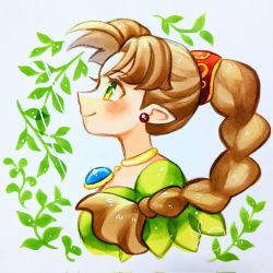 Rule 34 | 1girl, breasts, brown hair, close-up, closed mouth, dress, earrings, eyelashes, fairy, from side, green dress, green eyes, hair ornament, highres, jewelry, leaf, long hair, looking up, medium breasts, necklace, nintendo, nose, oimo (oimono2ji), panel de pon, pointy ears, ponytail, portrait, puffy short sleeves, puffy sleeves, short sleeves, simple background, smile, solo, stud earrings, teana (panel de pon), white background