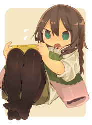 Rule 34 | 1girl, black pantyhose, border, braid, brown background, brown hair, brown shorts, child, cloneko (zelmeledf2), fang, female focus, flat chest, flying sweatdrops, full body, green eyes, handheld game console, hands up, highres, holding, holding handheld game console, knees up, legs together, long hair, long sleeves, nintendo, nintendo switch lite, open mouth, original, pantyhose, pillow, playing games, reclining, shiny clothes, short shorts, shorts, sidelocks, simple background, skin fang, solo, sweater, v-shaped eyebrows, white border, white sweater