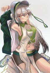 Rule 34 | 1girl, absurdres, arknights, armpits, arms behind head, arms up, black shorts, breasts, closed mouth, fartooth (arknights), fartooth (hear the wind sing) (arknights), feather hair, grey background, grey hair, hat, highres, kaguura (kagu), long hair, looking at viewer, medium breasts, midriff, navel, official alternate costume, shorts, simple background, sitting, solo, wariza, yellow eyes