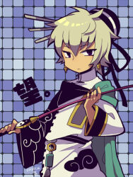 Rule 34 | 1boy, black eyes, black hat, blue background, earrings, expressionless, hat, holding, holding weapon, japanese clothes, jewelry, kotorai, long sleeves, looking at viewer, male focus, no nose, sengoku musou, short hair, solo, taigong wang, translation request, weapon, white hair, wide sleeves, yin yang