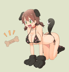 Rule 34 | 1girl, absurdres, all fours, animal ears, animal hands, ass, bikini, breasts, brown hair, bural chingu, choker, cleavage, dog ears, dog tail, dog treat, drooling, extra ears, full body, gloves, green background, green eyes, hair between eyes, halterneck, ham na-bi, hanging breasts, highres, large breasts, luke (dydansgur), open mouth, paw gloves, paw print, paw shoes, saliva, shoes, short twintails, side-tie bikini bottom, simple background, smile, solo, string bikini, swimsuit, tail, twintails