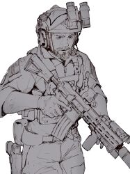 Rule 34 | 1boy, assault rifle, beard, cowboy shot, ear protection, facial hair, gloves, greyscale, gun, handgun, helmet, highres, holding, holding gun, holding weapon, holstered, looking ahead, m4 carbine, male focus, military, military operator, monochrome, night vision device, original, patch, pen guin15, bulletproof vest, pouch, rifle, shoulder patch, simple background, sketch, solo, suppressor, tactical clothes, trigger discipline, weapon, white background