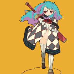 Rule 34 | blue hair, bottomless, cape, mota, navel, no panties, original, red eyes, simple background, solo, sword, thighhighs, weapon