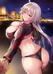 Rule 34 | 1girl, absurdres, ahoge, ass, bad id, bad twitter id, bikini, blue gk, blush, breasts, cleavage, commentary request, cropped jacket, fate/grand order, fate (series), fujimaru ritsuka (male), gloves, greyscale, hand grab, highres, holding, jacket, jeanne d&#039;arc alter (swimsuit berserker) (fate), jeanne d&#039;arc (fate), jeanne d&#039;arc alter (fate), jeanne d&#039;arc alter (swimsuit berserker) (fate), large breasts, long hair, long sleeves, looking at viewer, looking back, monochrome, night, night sky, o-ring, o-ring bikini, o-ring swimsuit, out of frame, outdoors, parted lips, shiny skin, silver hair, skindentation, sky, smile, sweat, sweatdrop, swimsuit, thighs, white background, yellow eyes