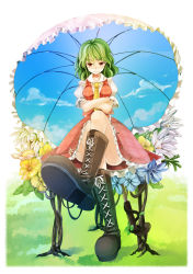 Rule 34 | 1girl, ascot, bad id, bad pixiv id, boots, choker, cross-laced footwear, crossed arms, crossed legs, day, female focus, flower, from below, green hair, kazami yuuka, lace-up boots, necktie, plaid, plaid skirt, plaid vest, plant, red eyes, ringpearl, shaded face, short hair, sitting, skirt, skirt set, sky, solo, touhou, umbrella, vest