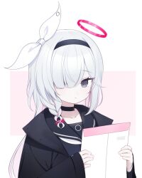 Rule 34 | 1girl, black choker, black coat, black eyes, black hairband, black sailor collar, blue archive, braid, choker, closed mouth, coat, envelope, hair over one eye, hairband, halo, highres, holding, holding envelope, long hair, long sleeves, looking at viewer, multicolored hair, na1tsu2me3, pink hair, plana (blue archive), sailor collar, school uniform, serafuku, side braid, simple background, solo, two-tone background, upper body, very long hair, white hair, wide sleeves