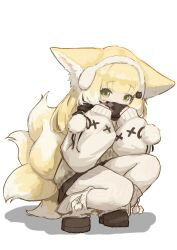 Rule 34 | 1girl, absurdres, alternate costume, arknights, black scarf, blonde hair, borrowed clothes, brown footwear, cat hair ornament, chack520, chinese commentary, colored tips, commentary, covering own mouth, earmuffs, fox girl, fox tail, green eyes, hair ornament, highres, kitsune, kyuubi, long hair, long sleeves, looking at viewer, multicolored hair, multiple tails, puffy long sleeves, puffy sleeves, scarf, shoes, simple background, sleeves past wrists, squatting, suzuran (arknights), tail, two-tone hair, white background, white hair