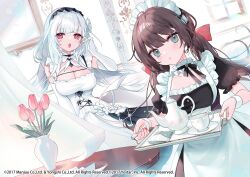 Rule 34 | 2girls, apron, aqua eyes, azur lane, black hair, breasts, center opening, chestnut mouth, cleavage, closed mouth, dress, elbow gloves, glasgow (azur lane), gloves, hairband, holding, indoors, large breasts, long hair, looking at viewer, low twintails, maid, maid apron, maid headdress, multiple girls, official art, open mouth, puffy short sleeves, puffy sleeves, red eyes, saku nosuke, scylla (azur lane), short sleeves, twintails, white dress, white gloves, white hair, white hairband, wristband