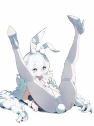 Rule 34 | + +, 1girl, absurdres, animal ears, azur lane, braid, commentary, commentary request, cross-shaped pupils, crossed bangs, fake animal ears, full body, high heels, highres, le malin (azur lane), le malin (listless lapin) (azur lane), legs apart, legs up, leotard, low twin braids, lying, mosou keito, official alternate costume, on back, pantyhose, playboy bunny, rabbit ears, rabbit tail, simple background, solo, symbol-shaped pupils, tail, thick thighs, thigh strap, thighs, twin braids, white background, white footwear, white leotard, white pantyhose, white wrist cuffs, wrist cuffs
